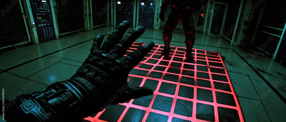 Poster close-up view of a robotic hand reaching out towards a red grid floor in a dimly lit futuristic spac