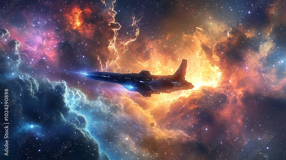 Poster a futuristic spaceship flies through a colorful nebula in space.