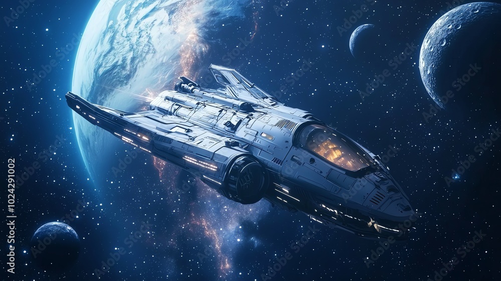 Poster futuristic spaceship soaring through space near a planet and moons.