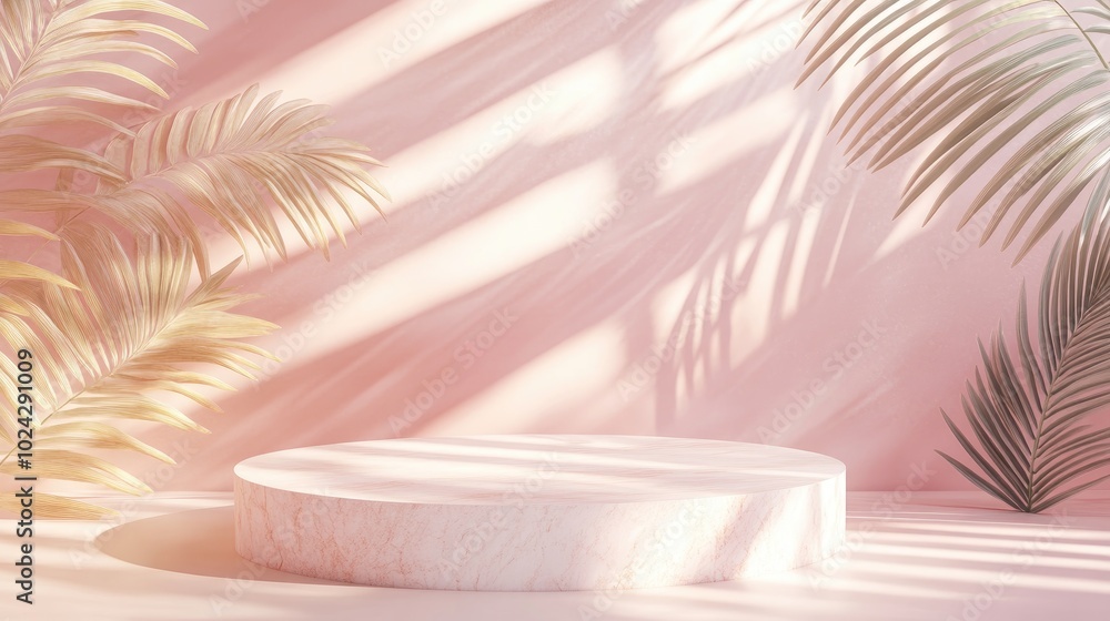 Aufkleber 3D rendering of a podium display in a bohemian style An advertising stand featuring abstract shapes and palm leaves A pastel minimalist background suitable for showcasing cosmetics and products