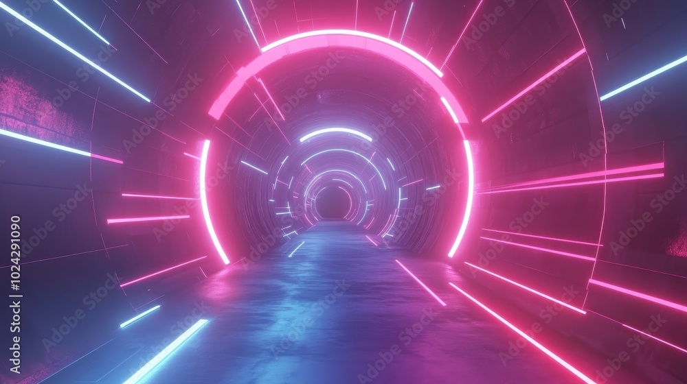 Poster abstract neon led tunnel with blue and pink glowing lights futuristic laser corridor high speed dyna