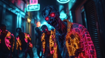 A vibrant, neon-lit zombie in a dark alley, showcasing a blend of horror and urban art with glowing details