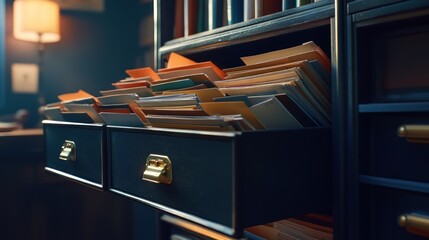 A close-up of an open filing cabinet drawer filled with organized documents and folders.