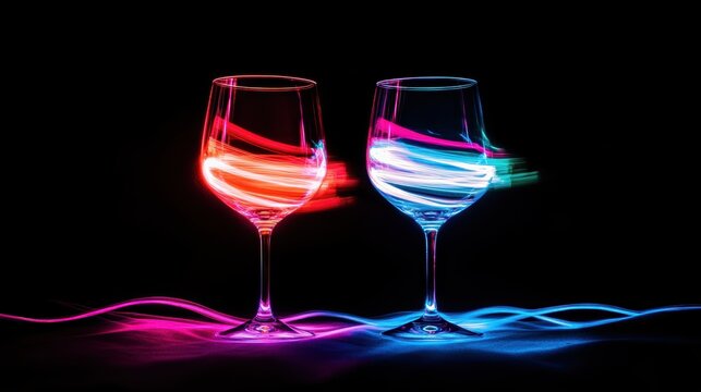 Colorful light trails illuminating wine glasses on dark background