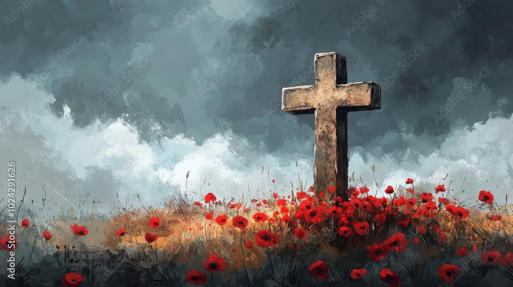 Poster a cross is standing in a field of red poppies