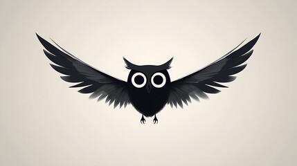 Obraz premium Minimalist owl with perfect symmetry, using circles for eyes and lines for wings, set against a light grey background. Smooth curves, hd quality, flat colors, no textures,