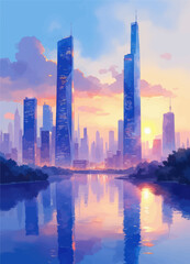 Obraz premium Modern Skyline at Sunset, Reflections on Water