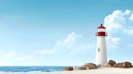 Peaceful coastal landscape featuring a picturesque lighthouse standing tall on a rocky shoreline with soft ocean waves gently lapping at the rocks and a serene atmospheric sky overhead