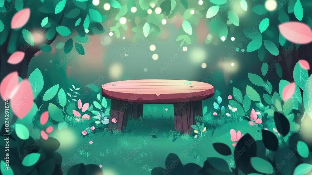 Poster abandoned wooden table surrounded by foliage with bokeh background