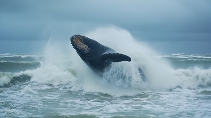 Fototapeta premium Magnificent whale breaching high above the turbulent crashing ocean waves creating a dramatic and scene of power and freedom in the natural world