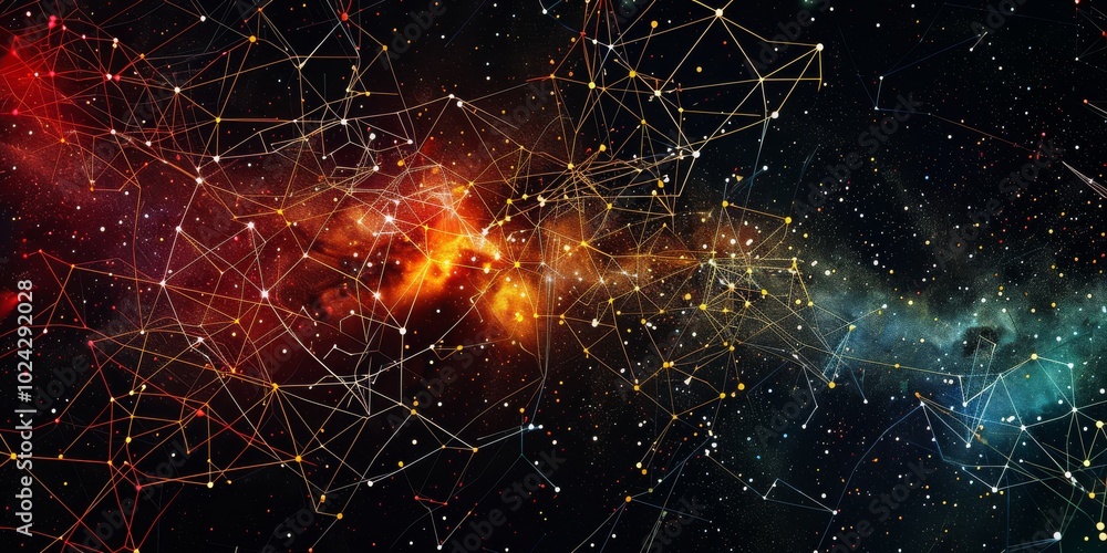 Poster a vibrant abstract representation of a cosmic network with glowing nodes and interconnected lines se