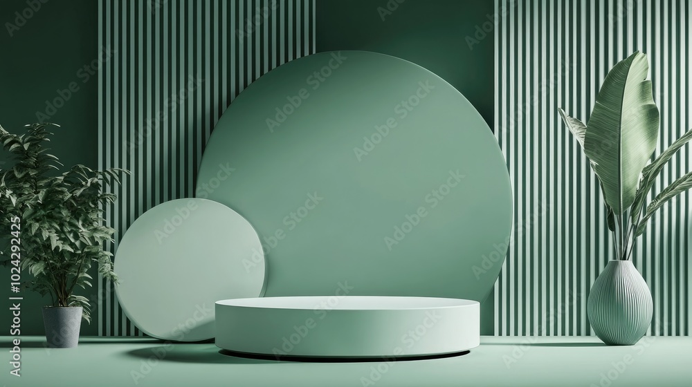 Poster Abstract green backdrop featuring a geometric podium for product display Minimalist design 3D rendering