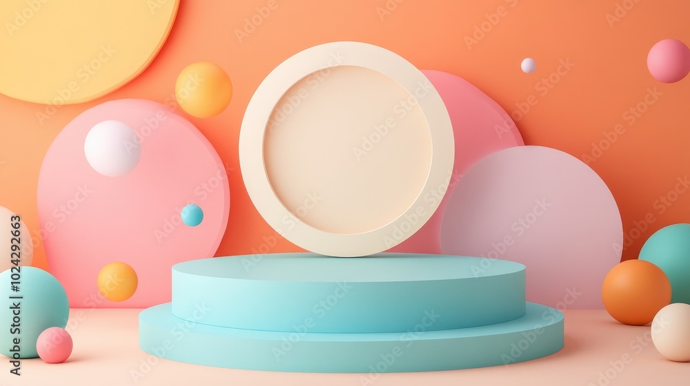 Aufkleber 3d podium with abstract geometric shapes on a pastel background for presenting children s products