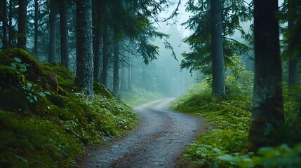 Obraz premium Enchanting misty forest path bathed in serene morning light inviting explorers on a peaceful adventure through the tranquil ethereal landscape