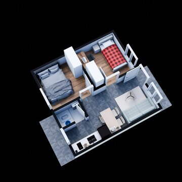 3d illustration floor plan top view minimalist house 36 square meters with 2 bedrooms