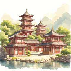Fototapeta premium Traditional Chinese Temple Complex by a Serene Pond