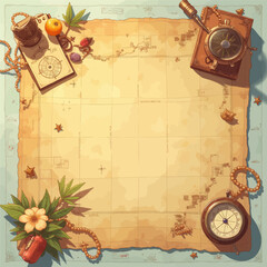 Treasure Map with Compass and Clock