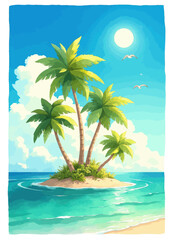 Obraz premium Tropical Paradise: Palm Trees on Island with Blue Ocean and MoonKeywords: tropical, paradise, palm trees, island, blue ocean, moon