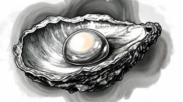 A black and white illustration of an oyster with a pearl inside