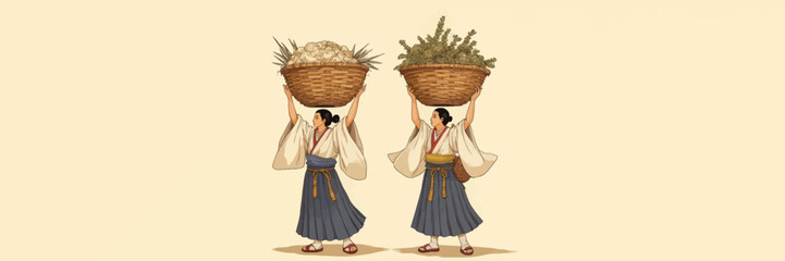 Two Women Carrying Baskets of Produce