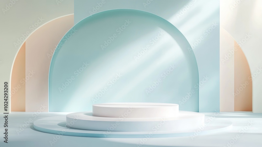 Poster 3d abstract studio space featuring a pedestal podium white and pastel blue geometric platform with o
