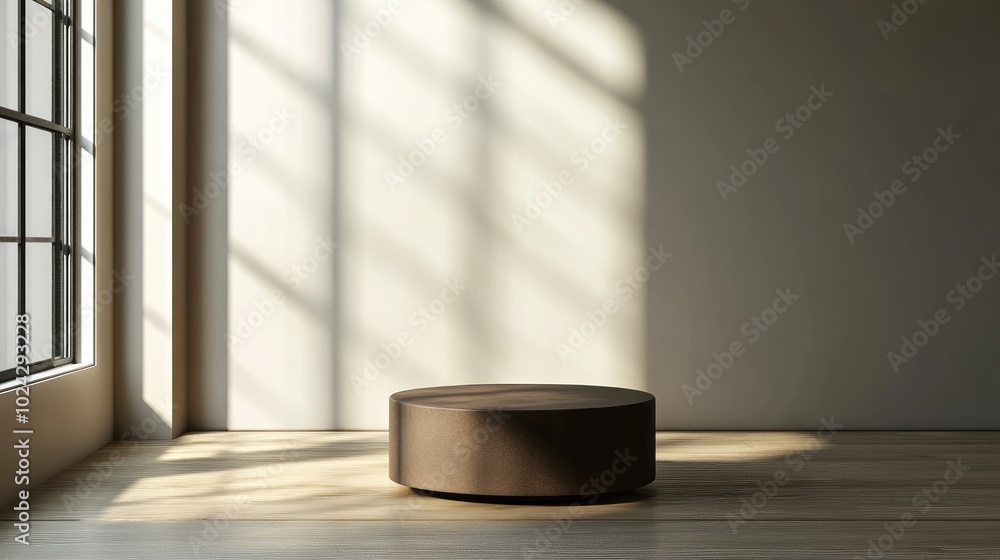 Poster Brown display podium in a well lit room with a window background 3D rendering
