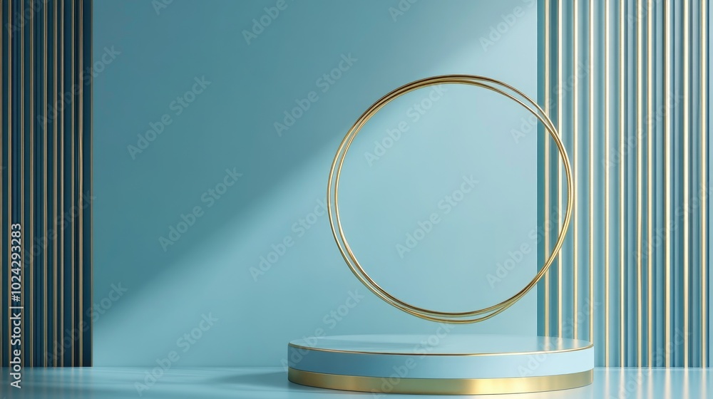 Poster blue cylinder podium featuring a gold border and gold circle against a blue backdrop abstract minima