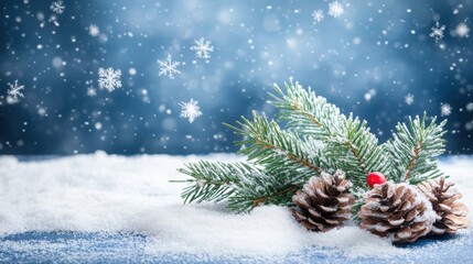 Winter holiday background with spruce branches pine cones