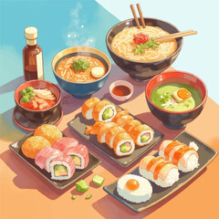 Vibrant Japanese Cuisine: Sushi Rolls, Ramen, and Miso Soup