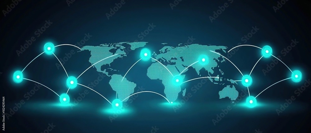 Poster abstract illustration of a world map with glowing nodes and lines connecting them, symbolizing globa