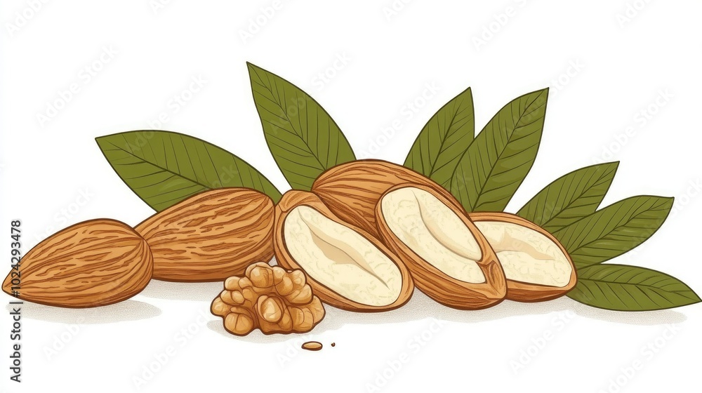 Poster almonds and walnuts with a cracked walnut on a white background