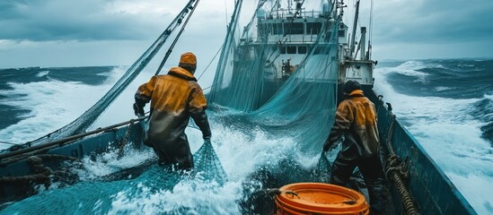 Two fishermen on a fishing boat pull in a net on a stormy sea.