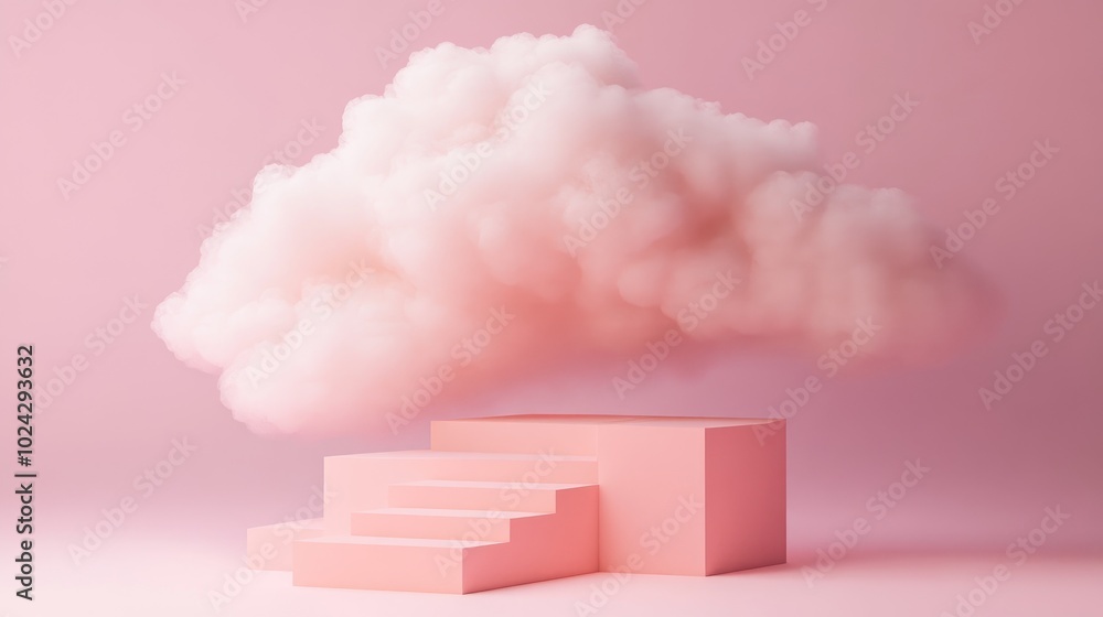 Aufkleber 3D render of an abstract pink fantasy background featuring a cloud above a pedestal with stairs and a cubic podium Objects are isolated within a minimal pink space representing modern fashion conc