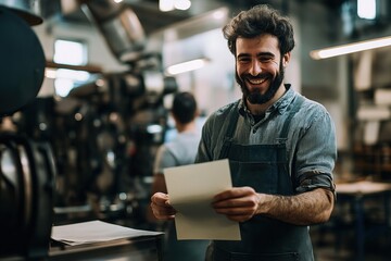 Obraz premium Smiling factory worker holding a blank card in a busy industrial workshop with coworkers and machinery in the background