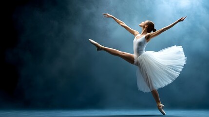 Fototapeta premium Elegant ballet dancer in mid leap showcasing their graceful movement and powerful athleticism under the soft stage lighting of the performance
