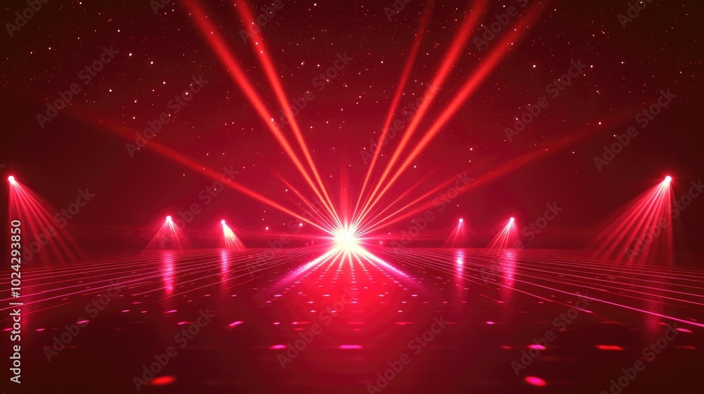 Poster abstract red background with glowing neon lines and bright flash dark futuristic stage perspective l