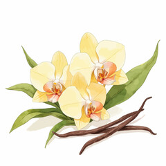Watercolor Illustration of Yellow Orchids and Vanilla Beans