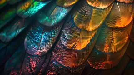 Fototapeta premium A detailed close-up image showcasing vibrant bird feathers with a mix of red, blue, and purple hues, highlighting intricate textures. 