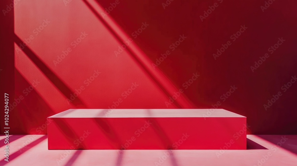 Poster Abstract background featuring a rectangular podium on a red backdrop Ideal for product presentation and mock up displays showcasing cosmetic items on a stage pedestal or platform