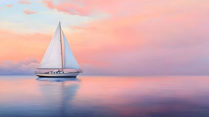 Naklejka premium A sailboat drifting peacefully on a calm serene ocean as the sky erupts in a stunning pink and purple sunset The reflection of the vibrant sky dances on the water s surface