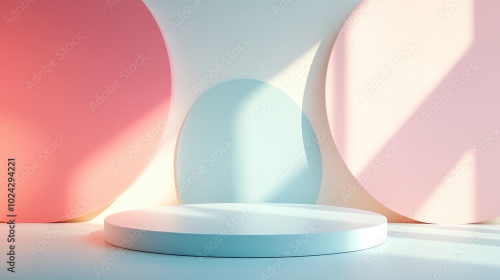 Aufkleber 3D rendered abstract background featuring geometric shapes and a pastel colored podium in a minimal design