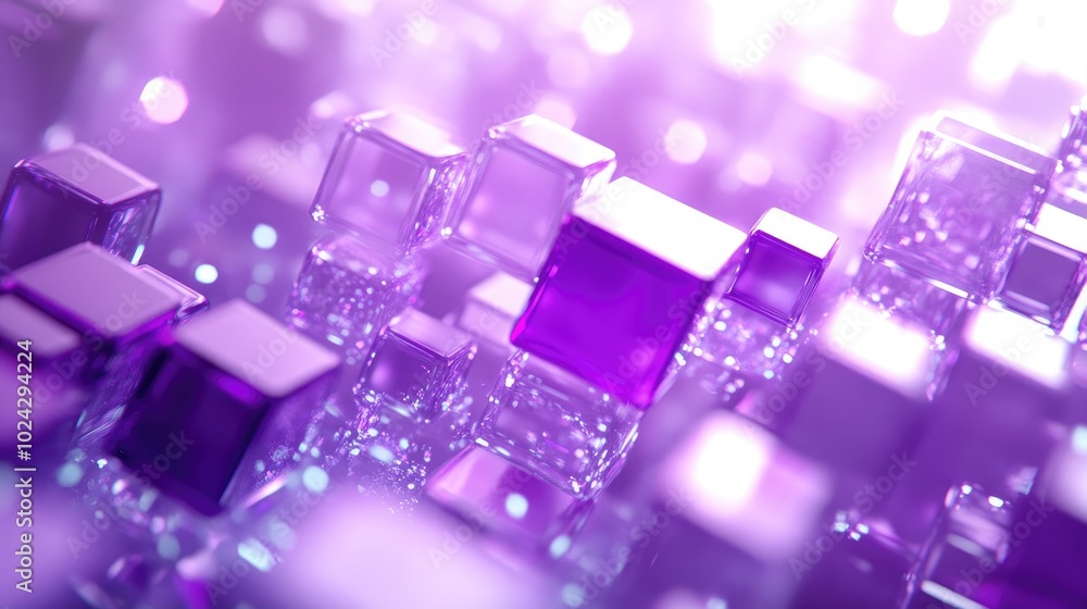 Aufkleber Abstract purple bokeh squares on a white background Fantasy fractal design Digital artwork 3D rendering