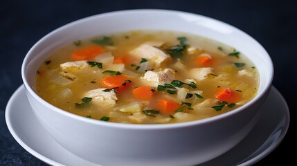 Chicken soup served on a white plate against a black backdrop