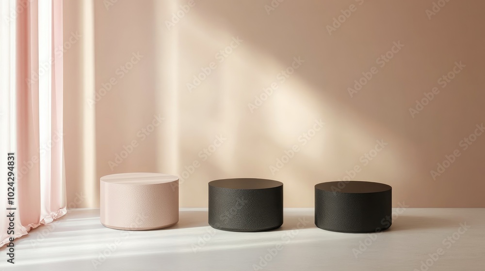 Poster 3D rendering of four minimalistic empty podiums or pedestals for showcasing products