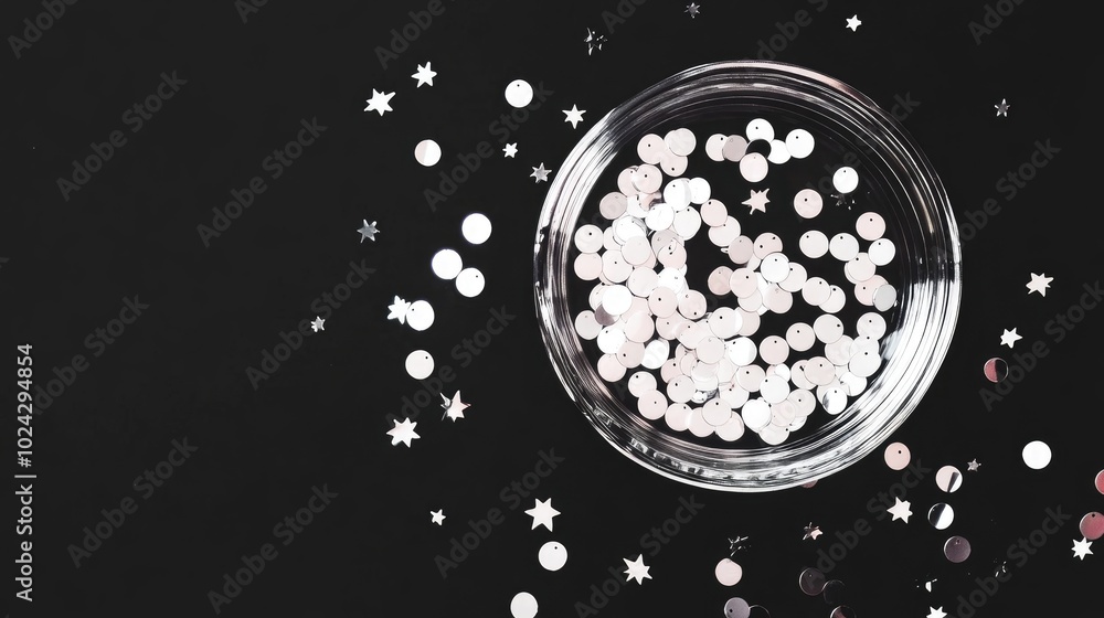 Poster Black and white image of silver sequins arranged in a glass container Symmetrical composition against a dark background