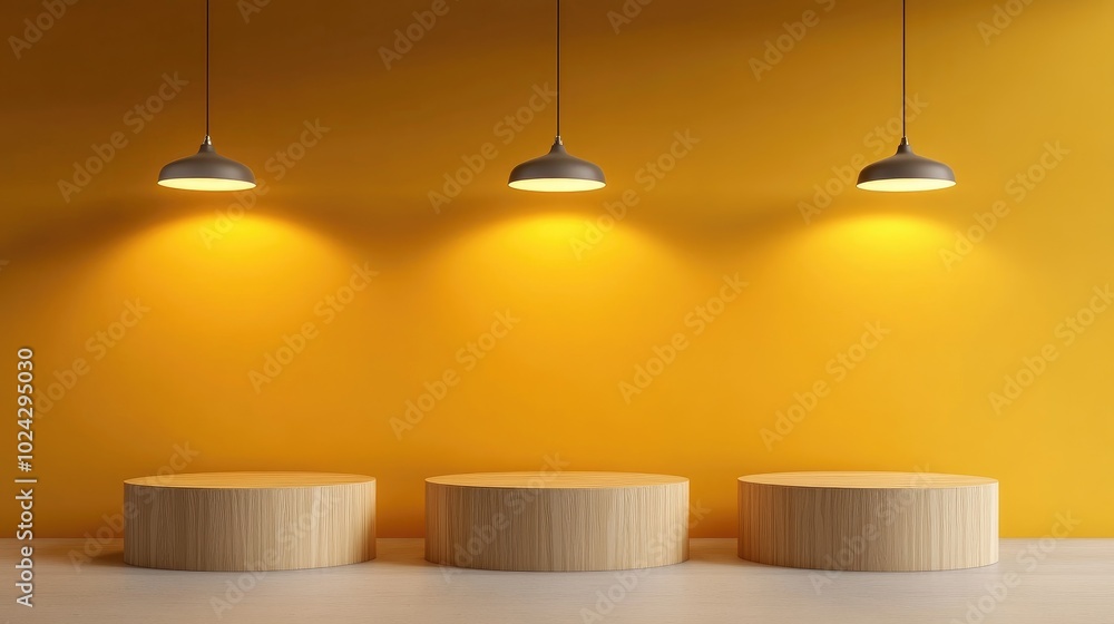 Aufkleber 3D representation of three podiums set against a yellow backdrop with suspended lighting for a product display setup