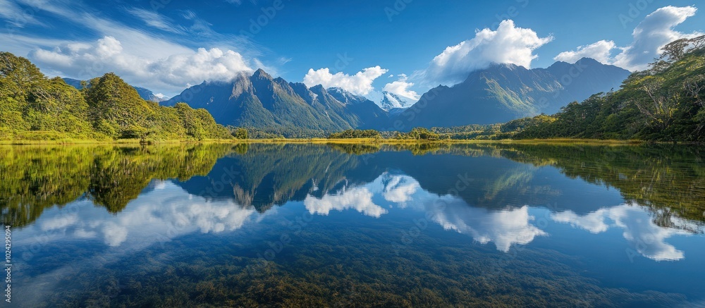 Poster scenic view of a mountain lake with reflection of the clouds and trees.