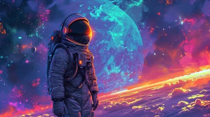 Obraz premium Majestic Astronaut Standing Before a Vibrant Cosmic Earthscape - Galactic Adventure Amid a Surreal Starry Backdrop