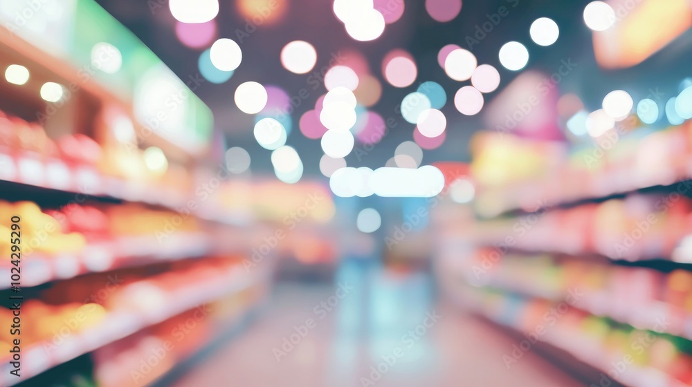 Aufkleber blurred supermarket background with bokeh lights blurry supermarket interior with bokeh effects groc