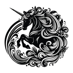 A black and white illustration of a unicorn surrounded by stars and flowers, showcasing a whimsical and enchanting scene.